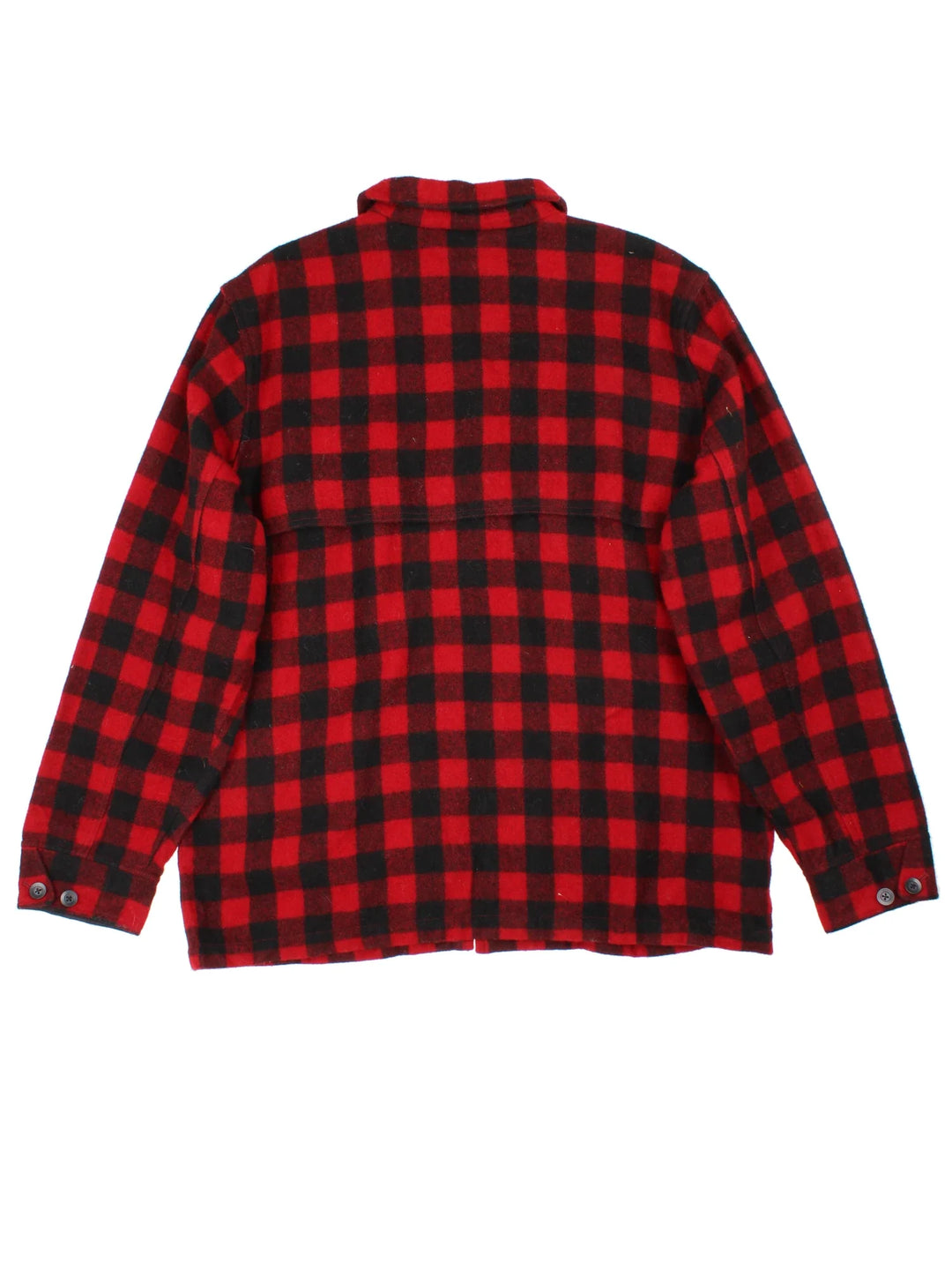 L.L Bean Woollen Flannel CPO Coat in a red and black colourway. Buttons up and has multiple pockets, and all over checked pattern with the logo embroidered on the front.