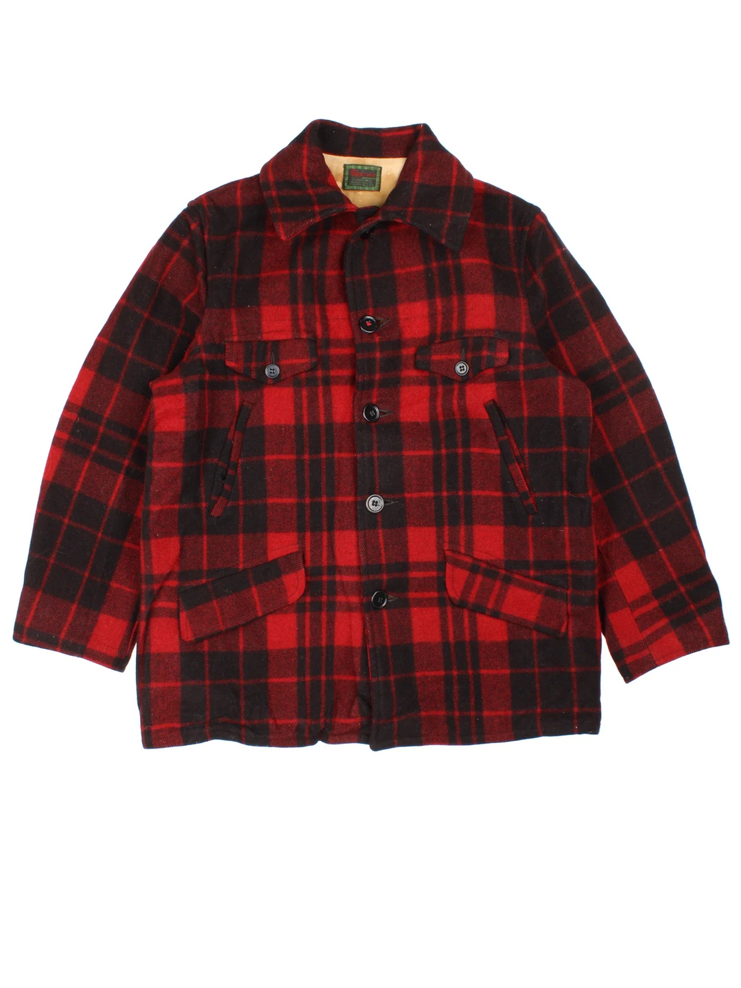 Vintage 1950's Chippewa Wool Buffalo Plaid Coat in a red and black colourway. Buttons up and has multiple pockets, and all over plaid pattern.