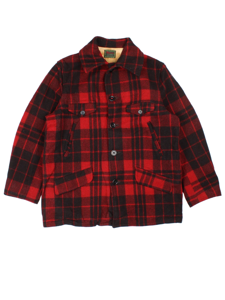 Vintage 1950's Chippewa Wool Buffalo Plaid Coat in a red and black colourway. Buttons up and has multiple pockets, and all over plaid pattern.