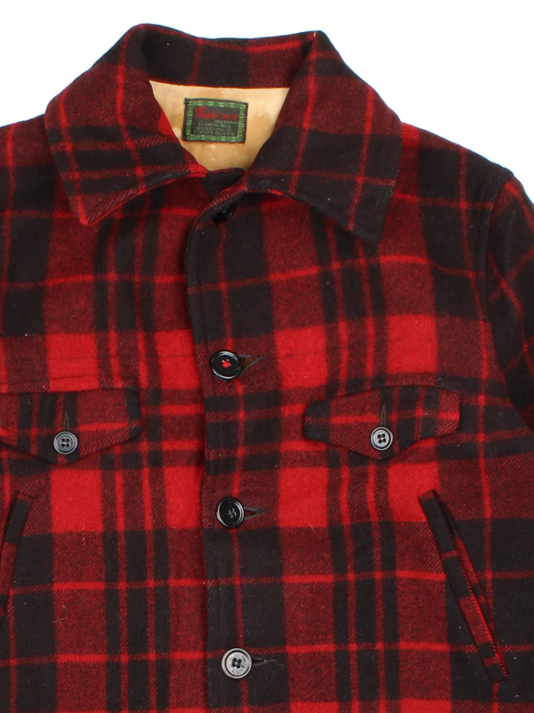 Vintage 1950's Chippewa Wool Buffalo Plaid Coat in a red and black colourway. Buttons up and has multiple pockets, and all over plaid pattern.