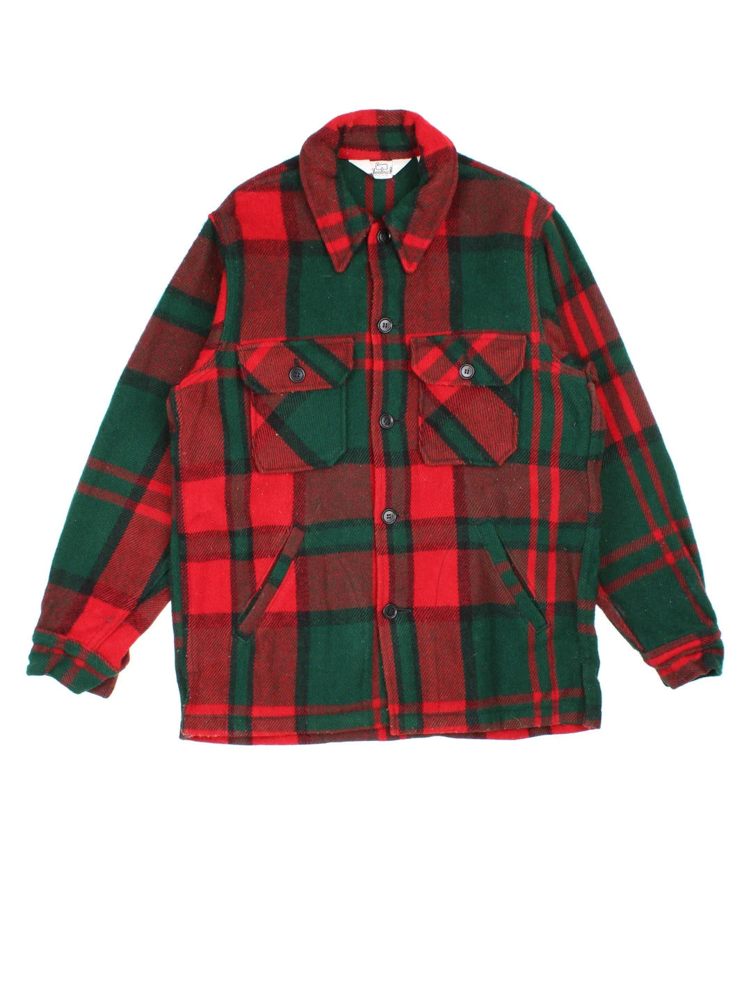Woolrich Woollen Plaid lannel CPO Jacket in a red and green colourway. Buttons up and has multiple pockets, and all over plaid pattern.
