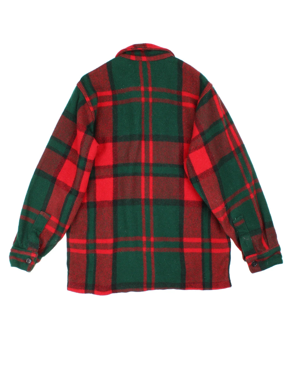 Woolrich Woollen Plaid lannel CPO Jacket in a red and green colourway. Buttons up and has multiple pockets, and all over plaid pattern.