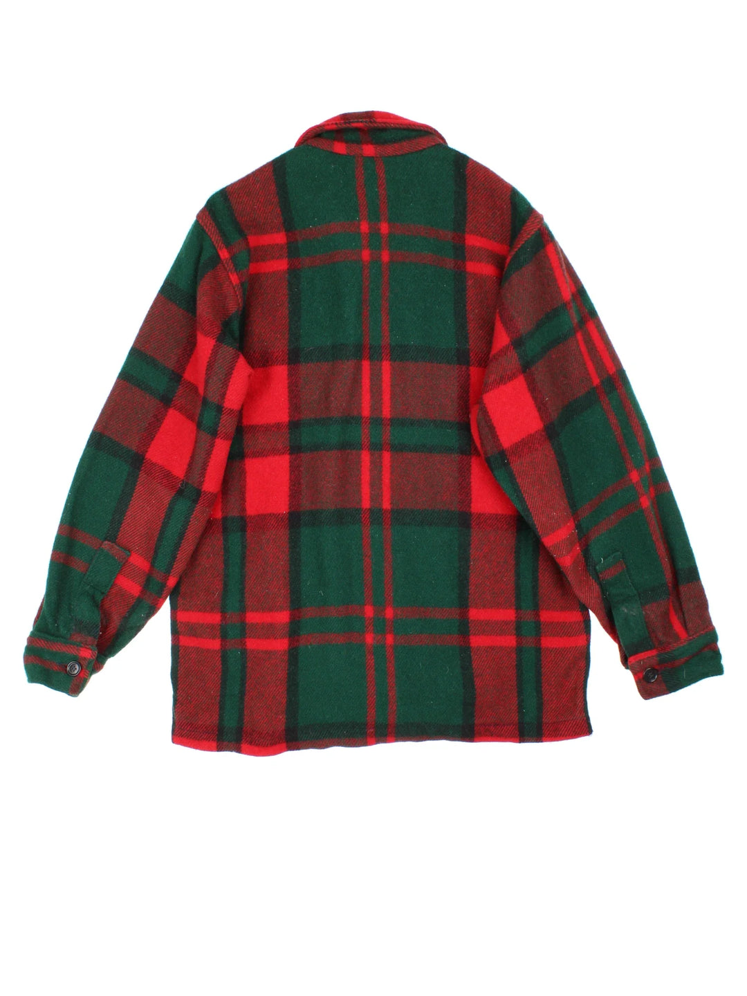 Woolrich Woollen Plaid lannel CPO Jacket in a red and green colourway. Buttons up and has multiple pockets, and all over plaid pattern.
