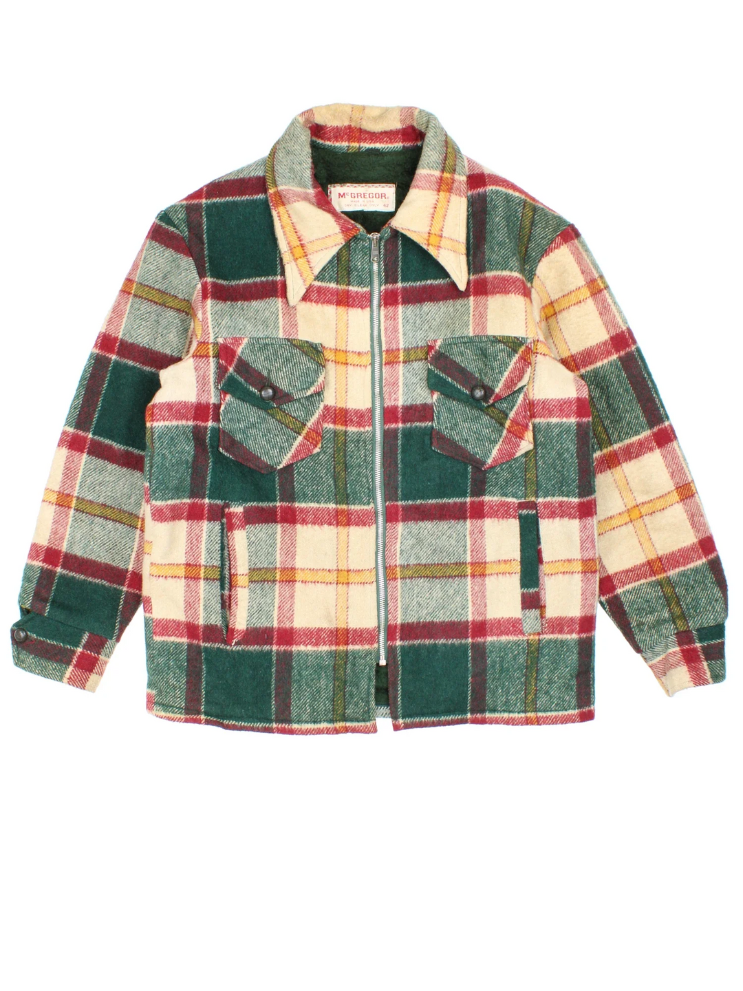 Vintage McGregor Woollen Plaid CPO Coat in a green, beige and red colourway. Zips up and has multiple pockets, fleece lining, and all over plaid pattern.