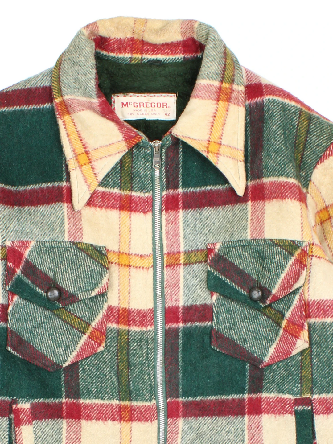 Vintage McGregor Woollen Plaid CPO Coat in a green, beige and red colourway. Zips up and has multiple pockets, fleece lining, and all over plaid pattern.