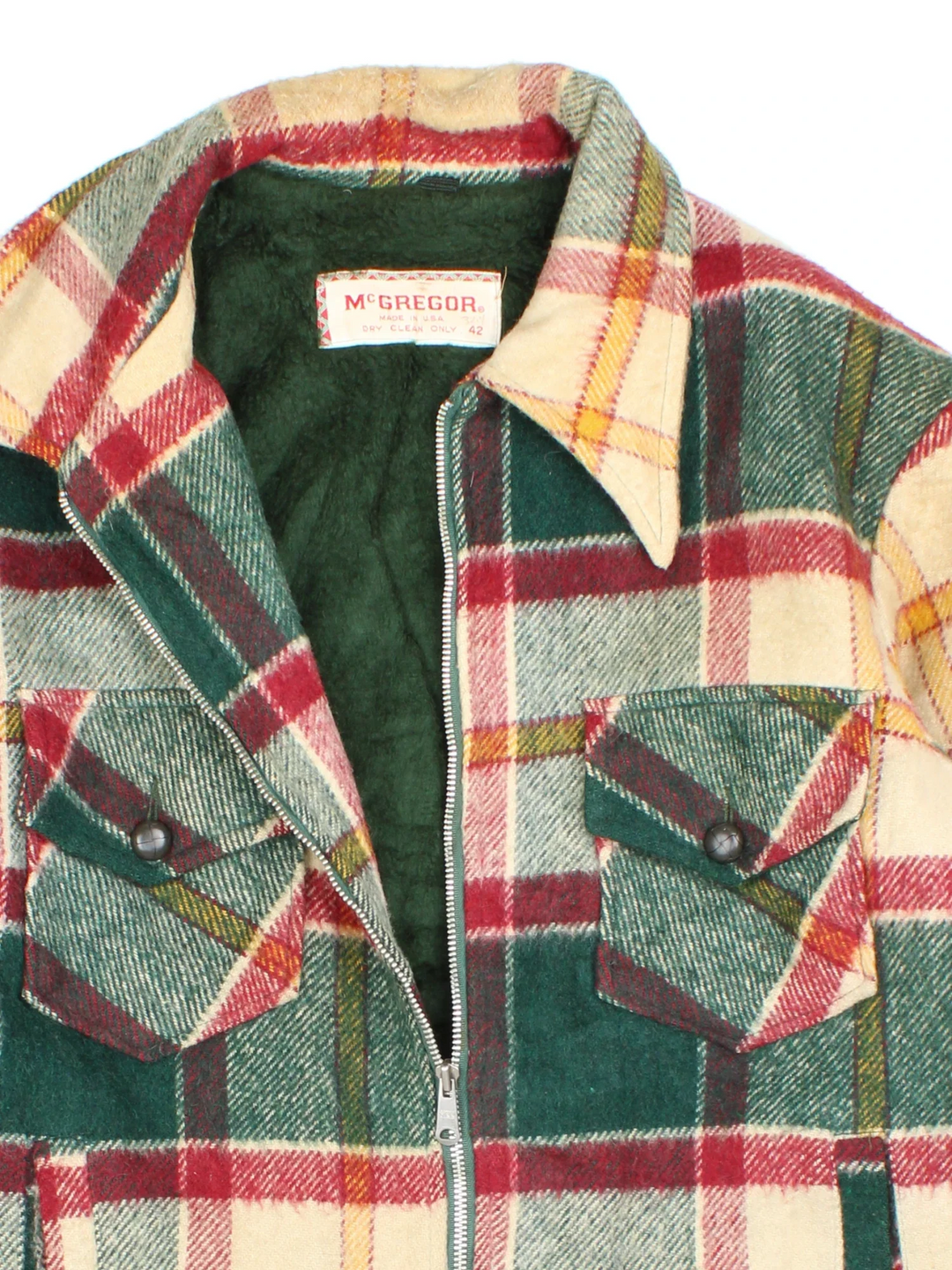 Vintage McGregor Woollen Plaid CPO Coat in a green, beige and red colourway. Zips up and has multiple pockets, fleece lining, and all over plaid pattern.