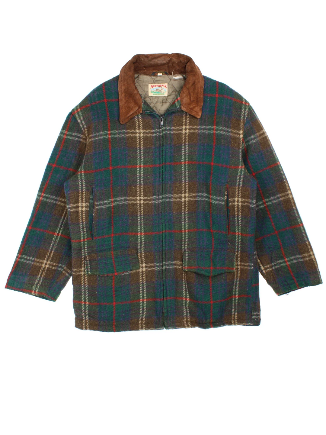 Vintage Adirondack Woollen Plaid Coat in a green colourway. Zips up and has multiple pockets, and all over plaid pattern.