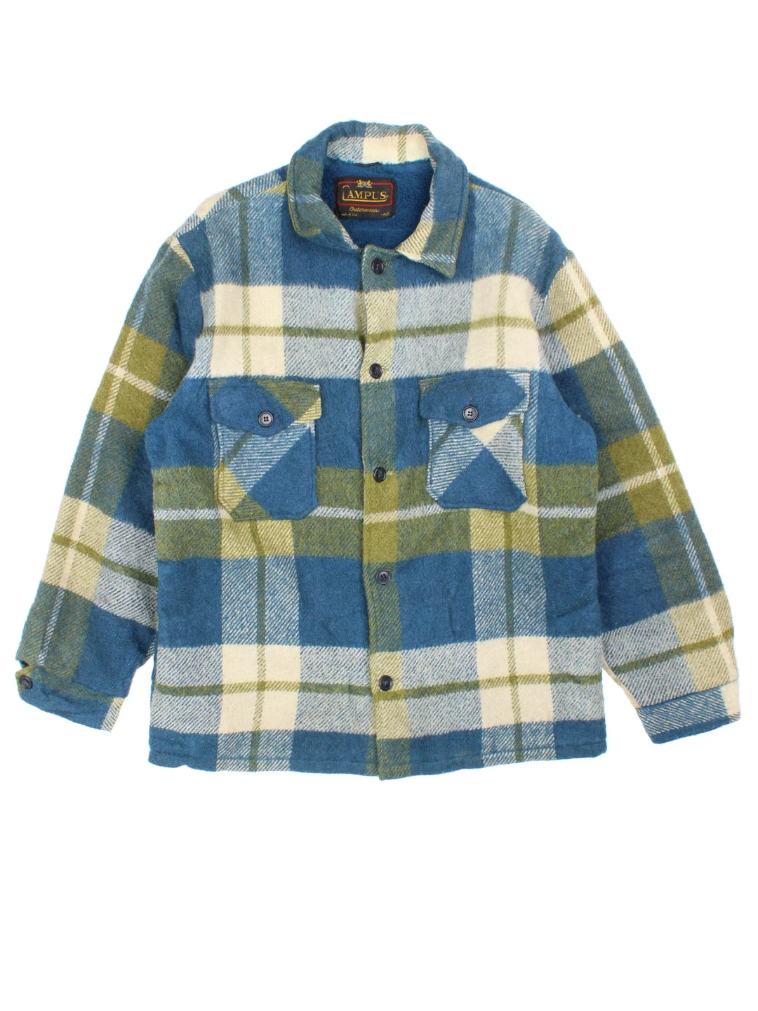 Vintage 70's Campus Woollen Plaid CPO Coat in a blue, green and white colourway. Buttons up and has multiple pockets, and all over plaid pattern.