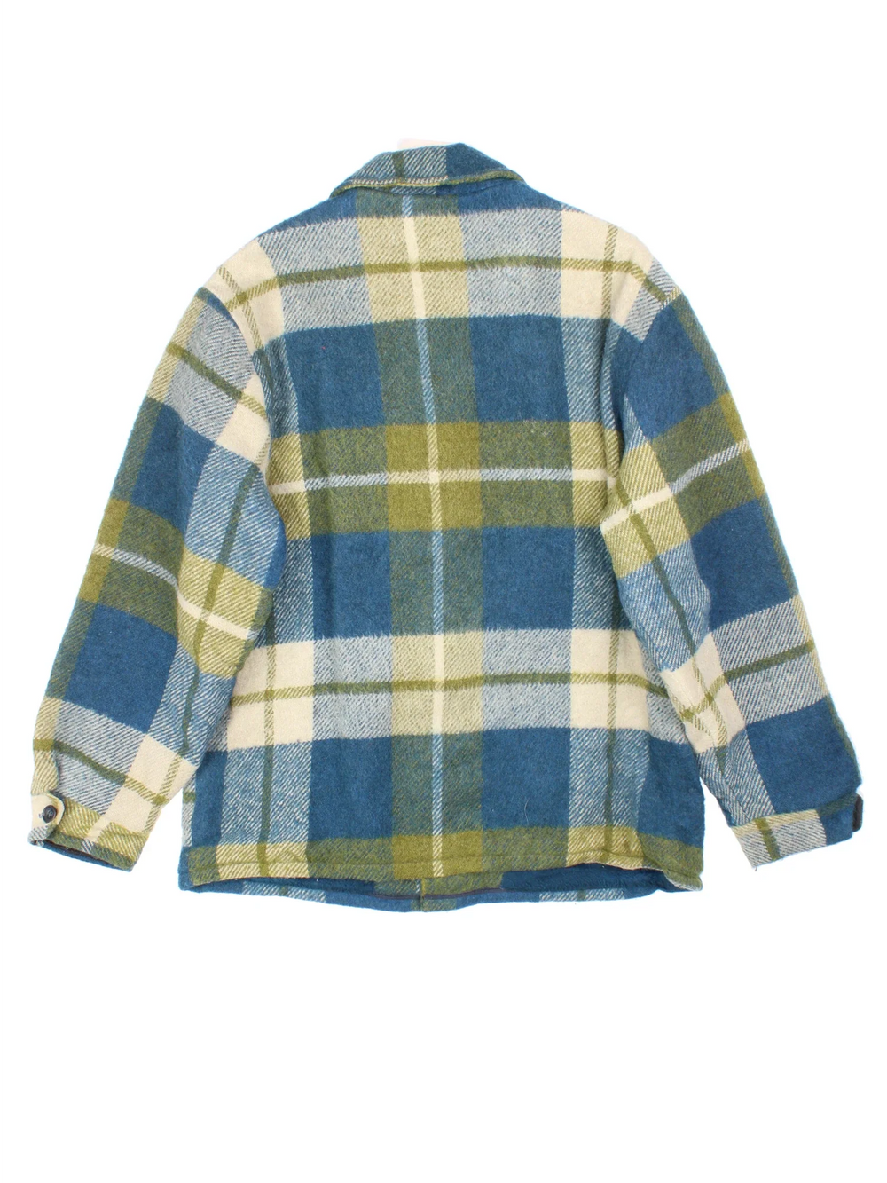 Vintage 70's Campus Woollen Plaid CPO Coat in a blue, green and white colourway. Buttons up and has multiple pockets, and all over plaid pattern.