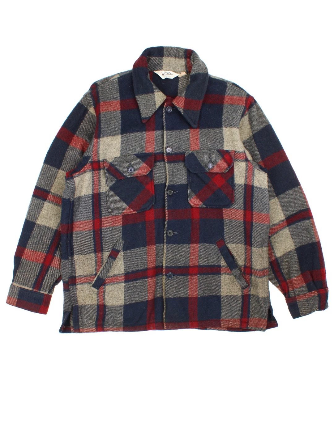 Vintage Woolrich Woollen CPO Coat in a blue, grey and red colourway. Buttons up and has multiple pockets, and all over plaid pattern.