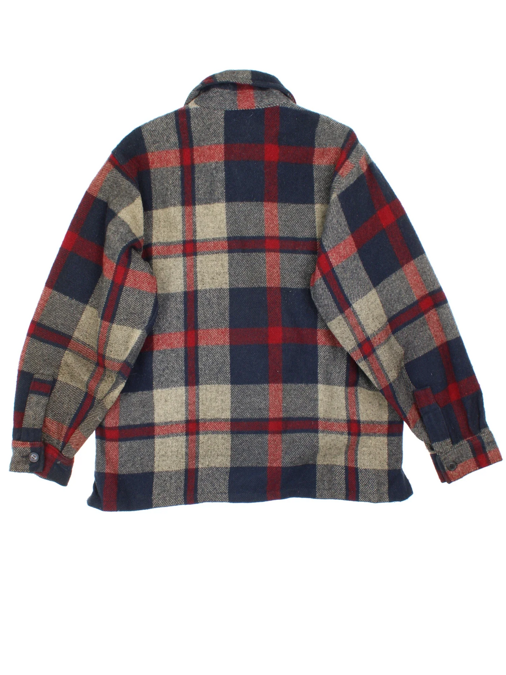 Vintage Woolrich Woollen CPO Coat in a blue, grey and red colourway. Buttons up and has multiple pockets, and all over plaid pattern.