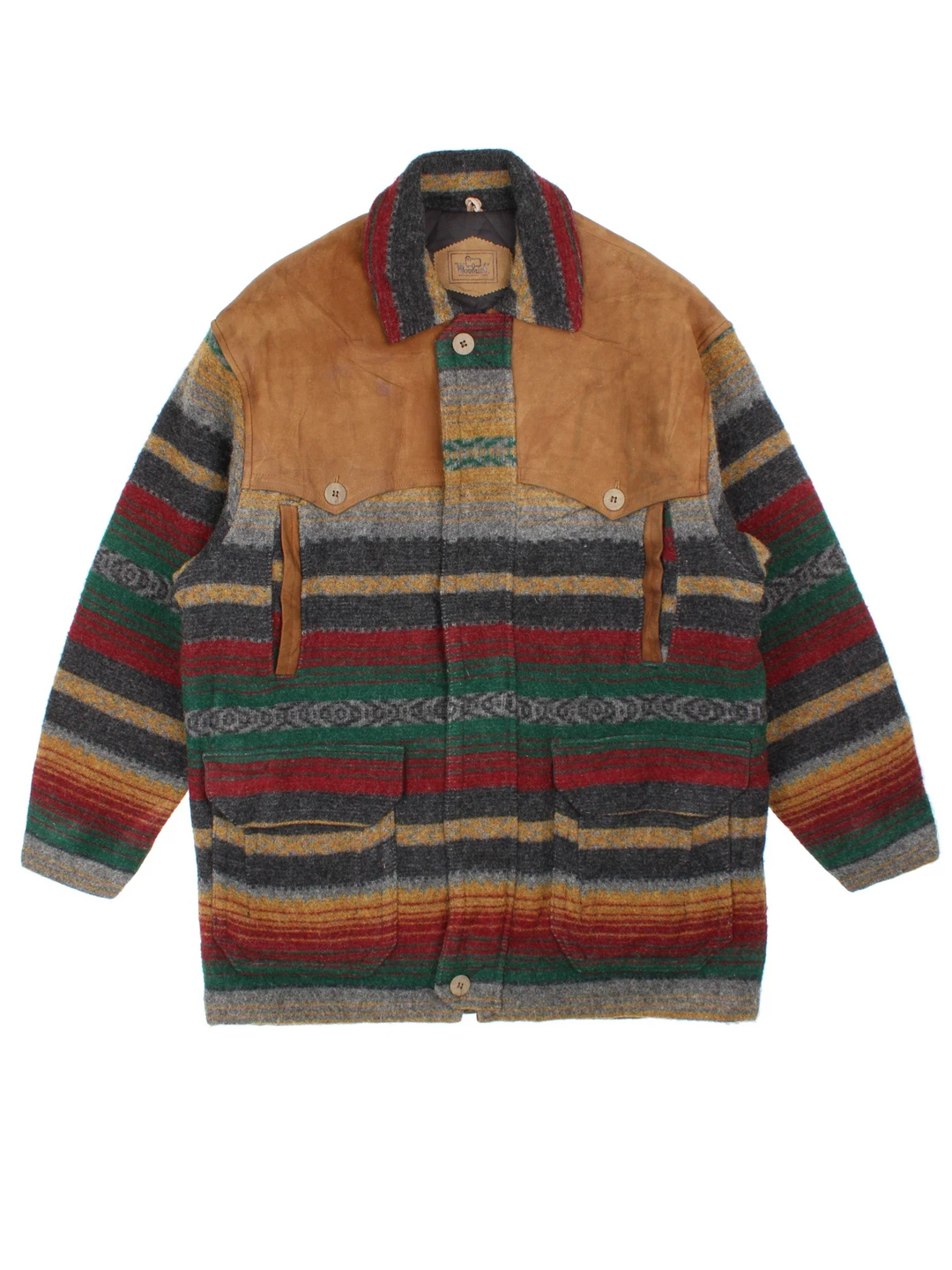 Vintage Woolrich Wool & Leather Native Coat in a multicoloured colourway. Zips up and has multiple pockets, and all over stripe pattern.