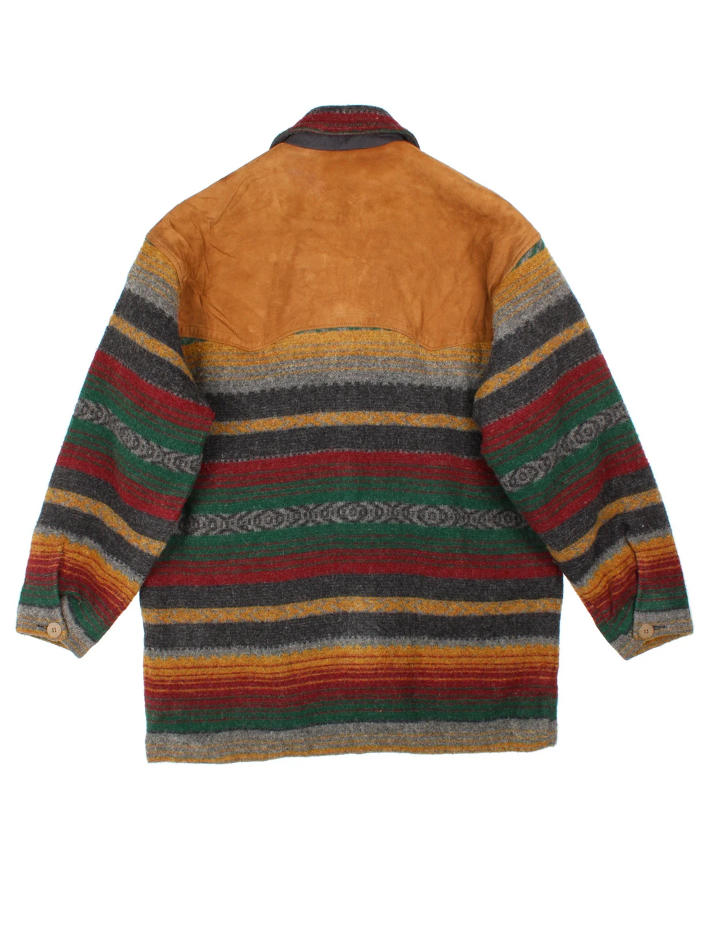 Vintage Woolrich Wool & Leather Native Coat in a multicoloured colourway. Zips up and has multiple pockets, and all over stripe pattern.