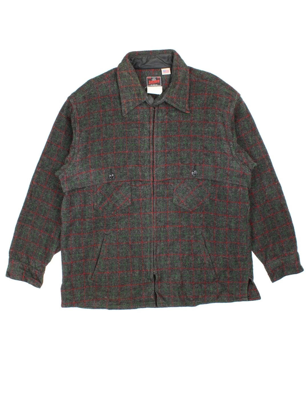 Vintage Johnson Woollen Mills Coat in a grey and red colourway. Buttons up and has multiple pockets, and all over checked pattern.