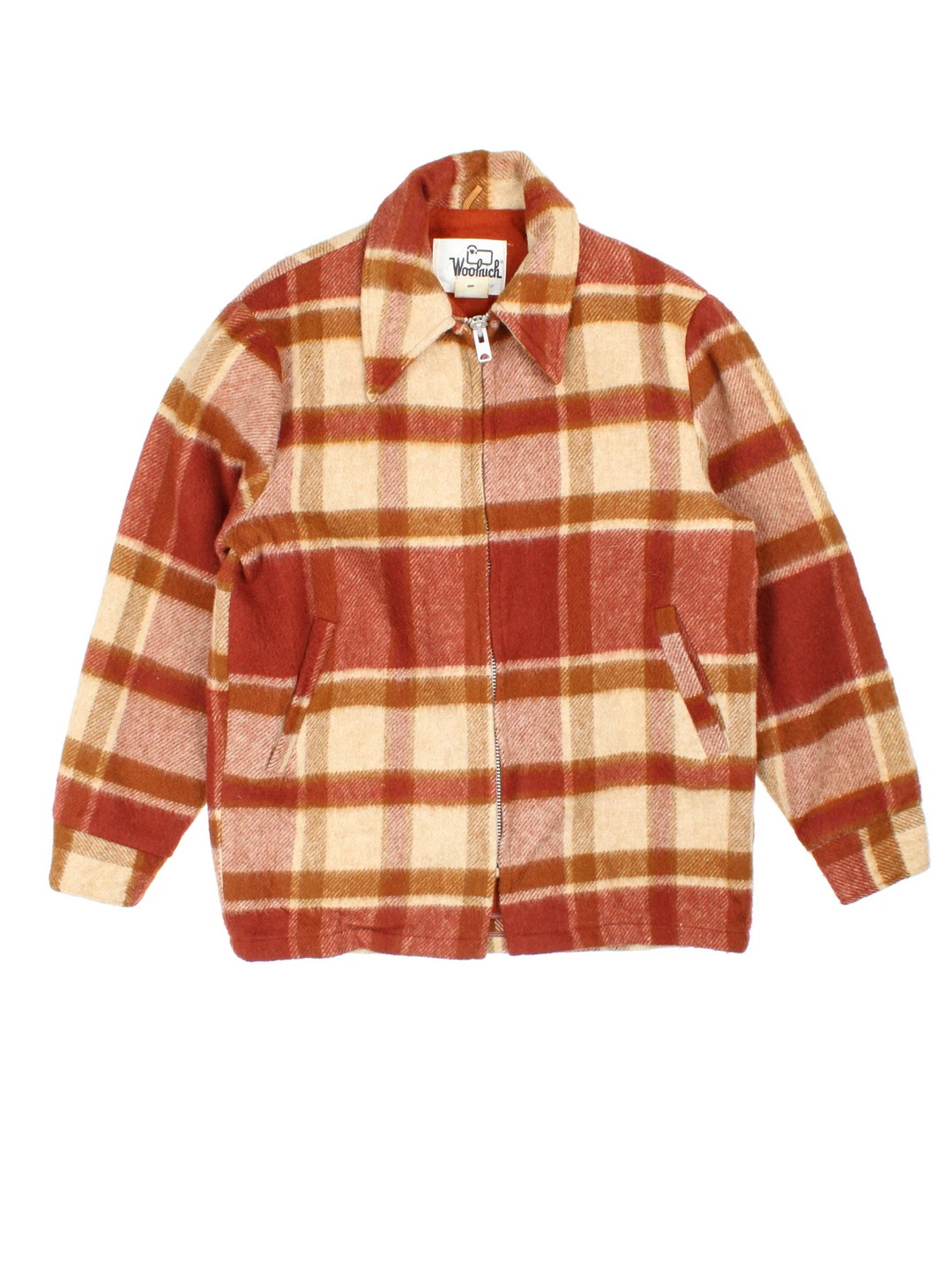 Vintage Woolrich Woollen Plaid CPO Coat in a orange and beige colourway. Zips up and has side pockets, fleece lining, and all over plaid pattern.