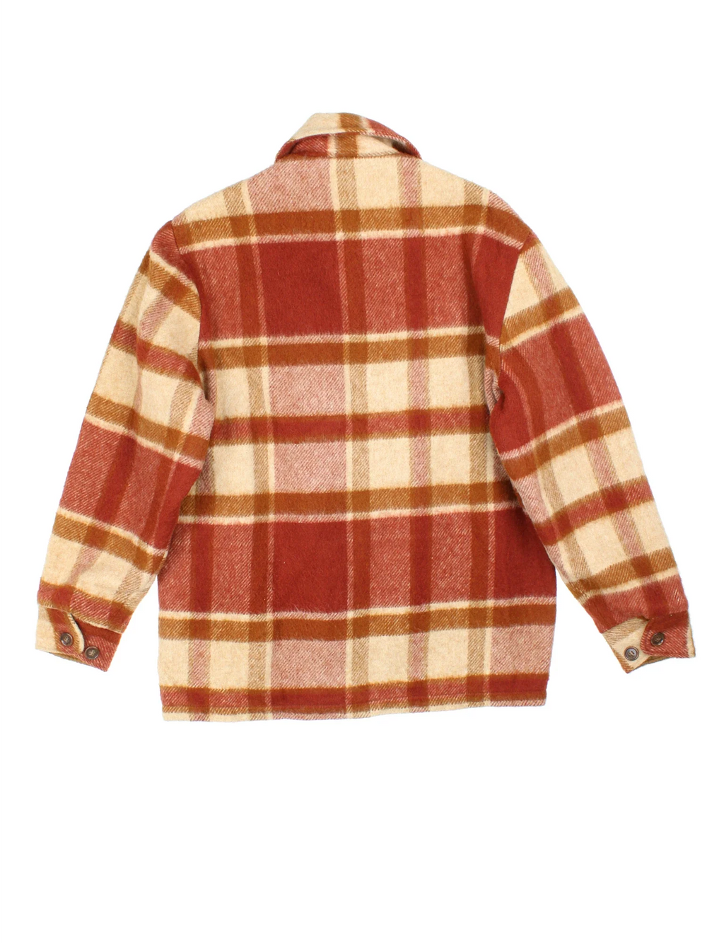 Vintage Woolrich Woollen Plaid CPO Coat in a orange and beige colourway. Zips up and has side pockets, fleece lining, and all over plaid pattern.