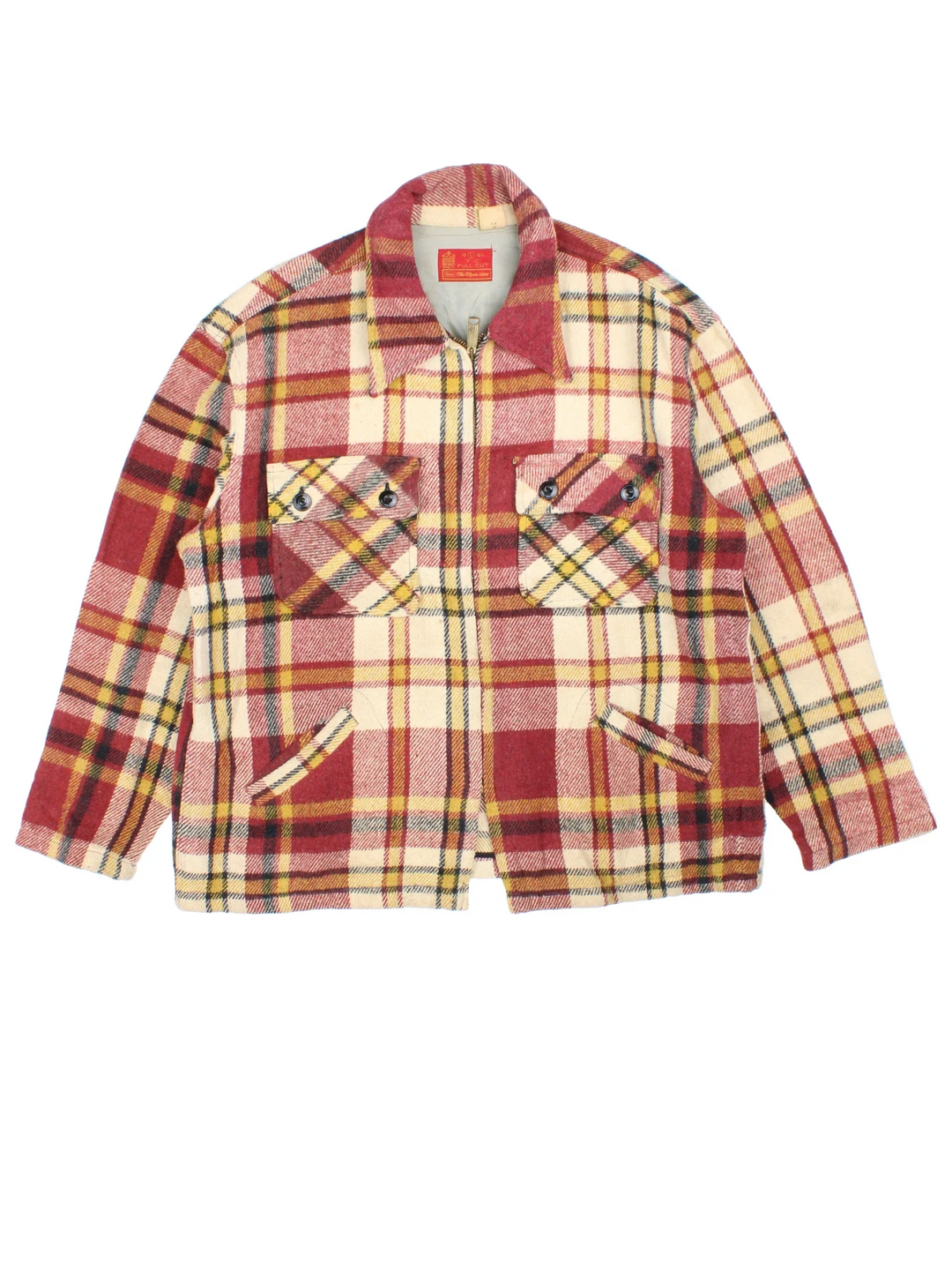 Vintage Sears Woollen Plaid Flannel CPO Coat in a red, beige and yellow colourway. Buttons up and has multiple pockets, and all over plaid pattern.