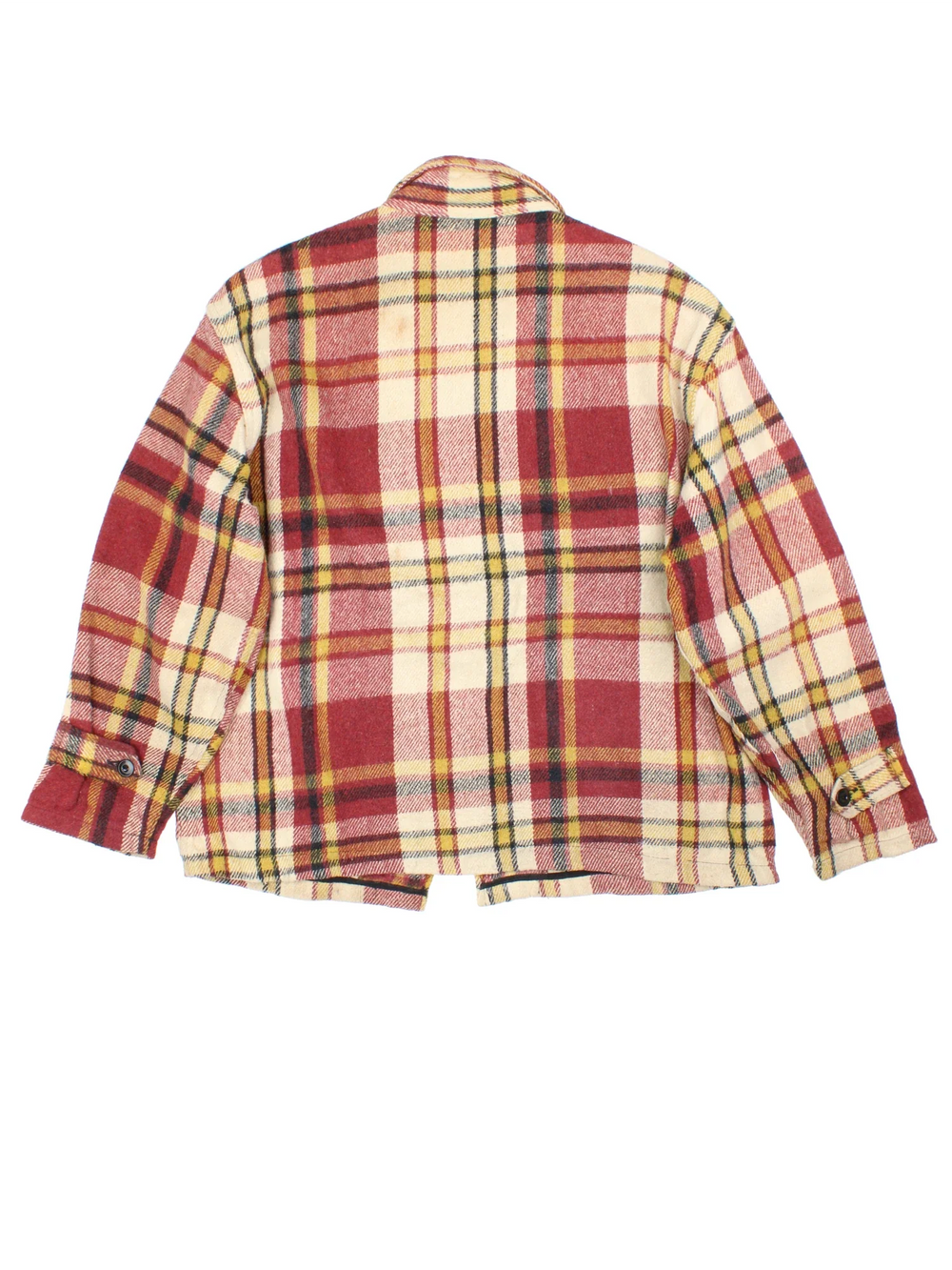 Vintage Sears Woollen Plaid Flannel CPO Coat in a red, beige and yellow colourway. Buttons up and has multiple pockets, and all over plaid pattern.