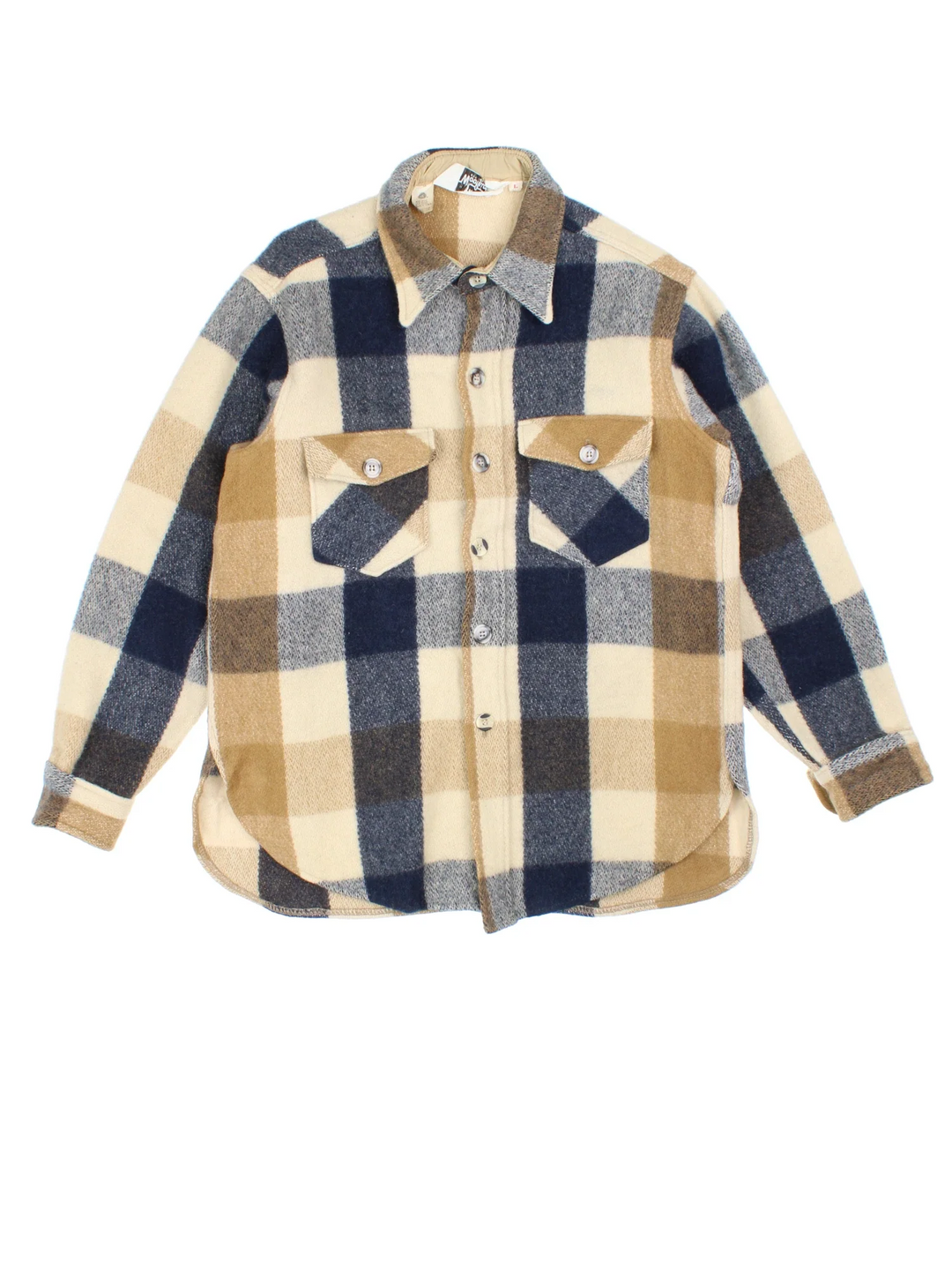 Vintage Woolrich Checked Woollen Flannel CPO Jacket in a tan brown and blue colourway. Buttons up and has double chest pockets, and all over checked pattern.