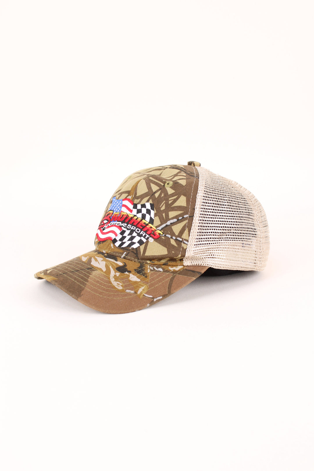 Vintage Brothers Motorsports Camo Trucker Cap in a green colourway with the logo embroidered on the front, mesh panelling. and has adjustable velcro strap at the back.