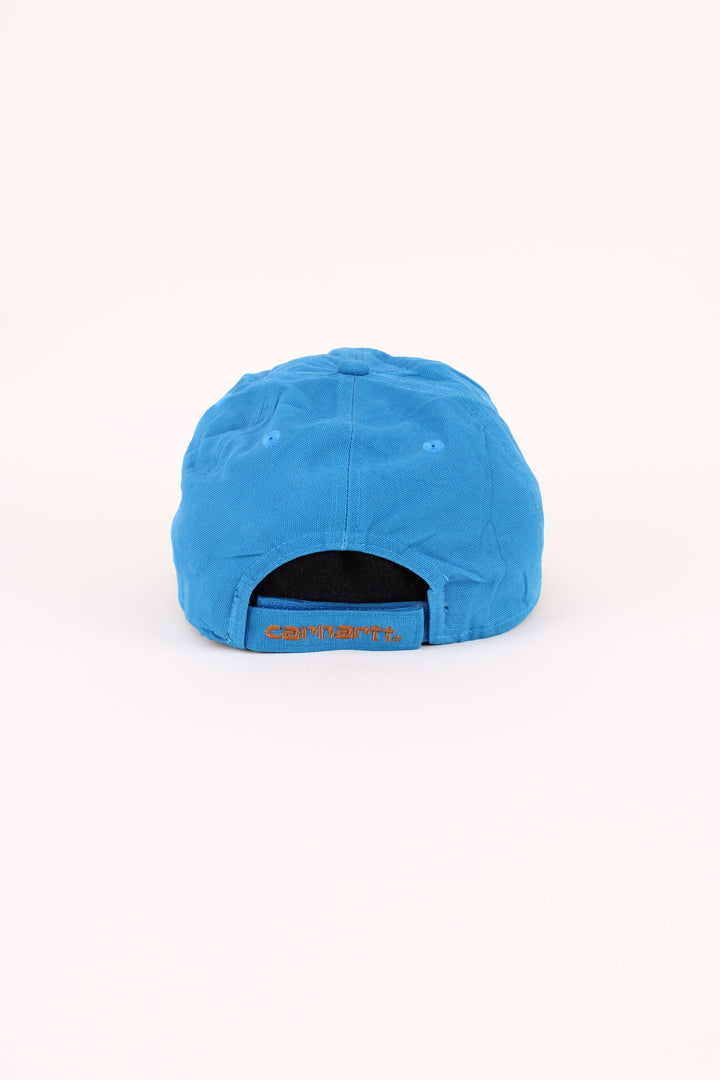 Carhartt Cap in a blue colourway with the logo embroidered on the front, and has adjustable velcro strap at the back.