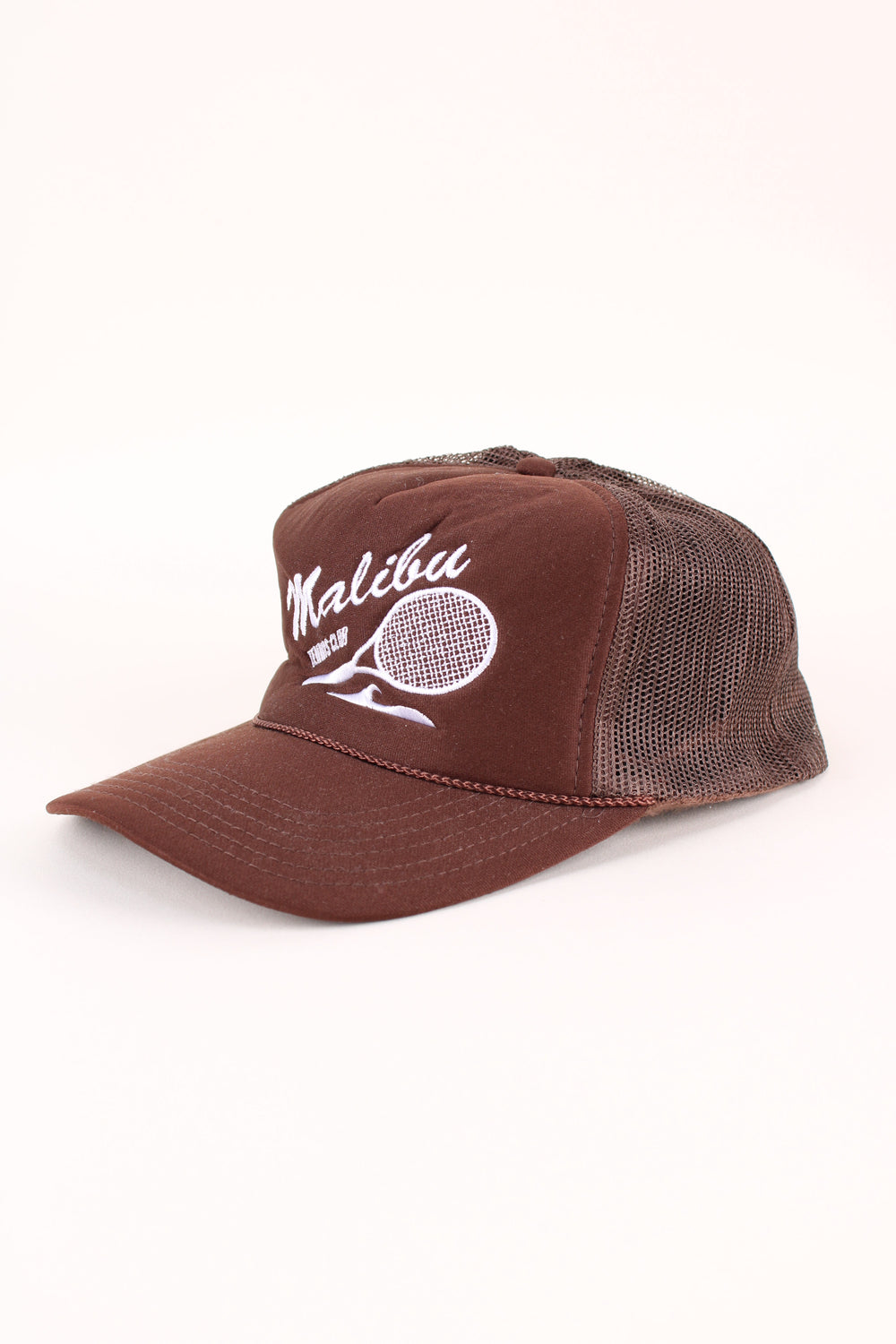 Vintage Malibu Tennis Club Trucker Cap in a brown colourway with the logo embroidered on the front, and has adjustable snapback.