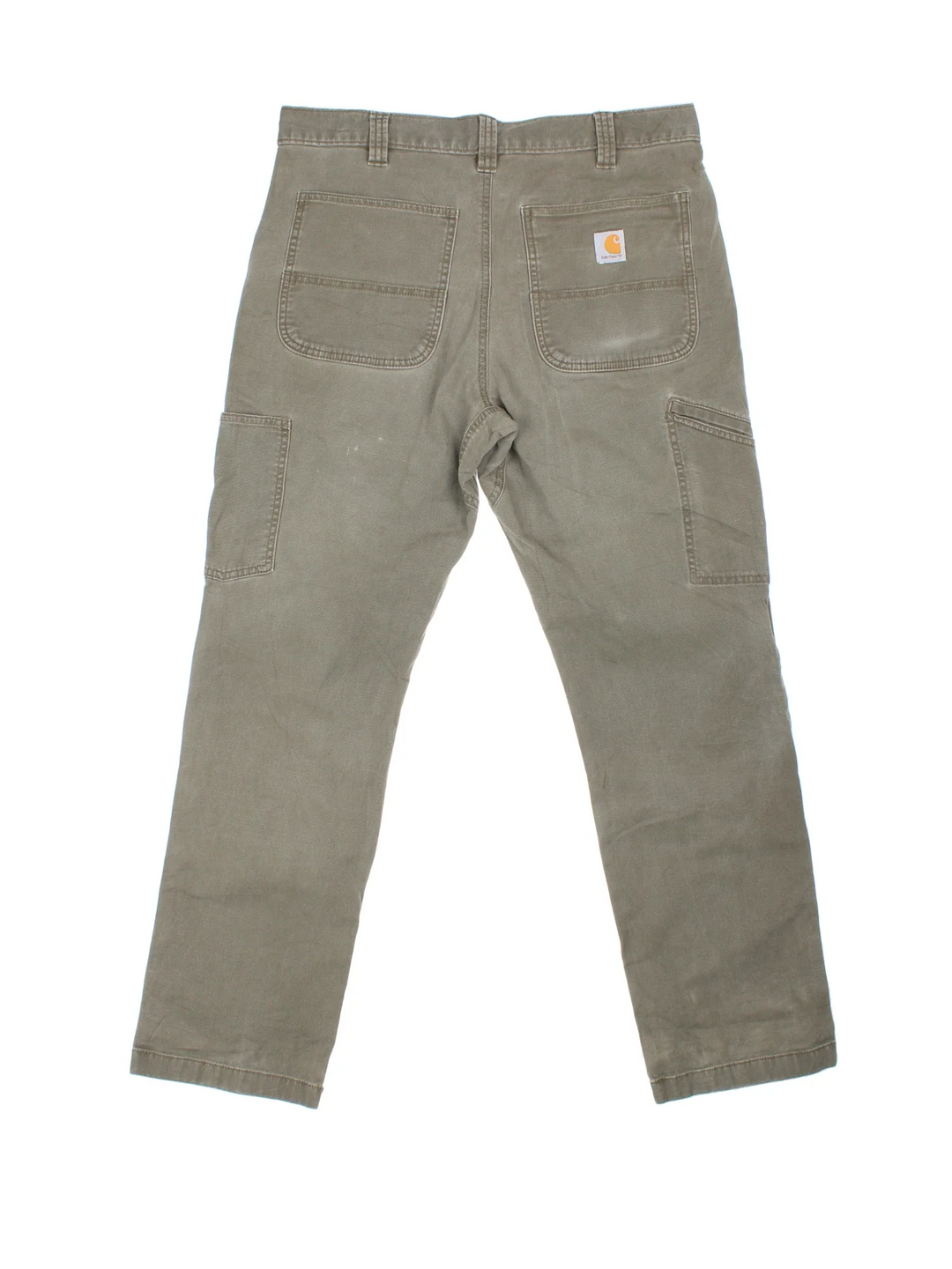 Carhartt Double Knee Trousers in a green colourway with multiple pockets and the logo embroidered on the back.