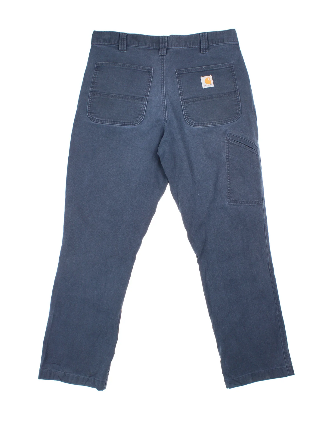 Carhartt Trousers in a blue colourway with multiple pockets and the logo embroidered on the back.