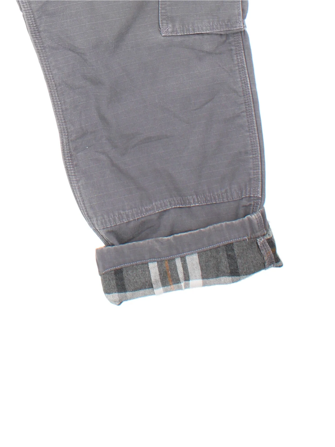 Carhartt Cargo Trousers in a grey colourway with multiple pockets, plaid pattern lining, and the logo embroidered on the back.