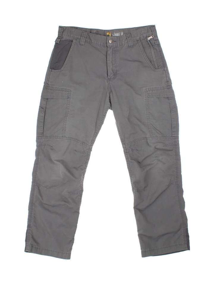 Carhartt Cargo Trousers in a grey colourway with multiple pockets and the logo embroidered on the back.
