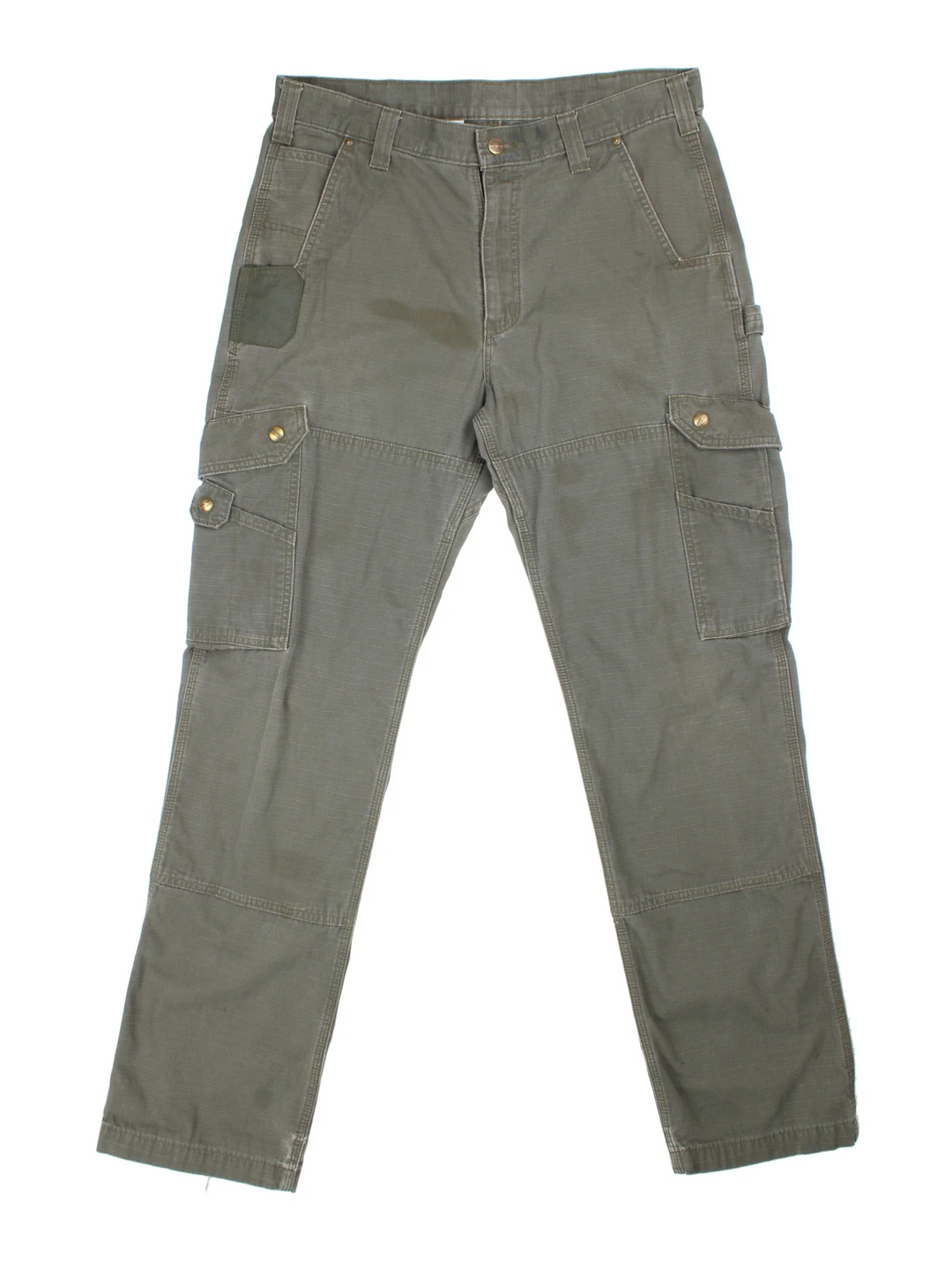 Carhartt Cargo Trousers in a green colourway with multiple pockets and the logo embroidered on the back.