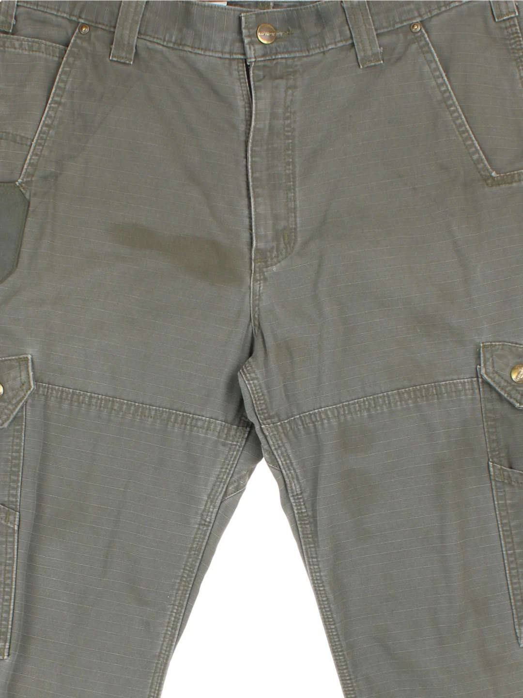 Carhartt Cargo Trousers in a green colourway with multiple pockets and the logo embroidered on the back.
