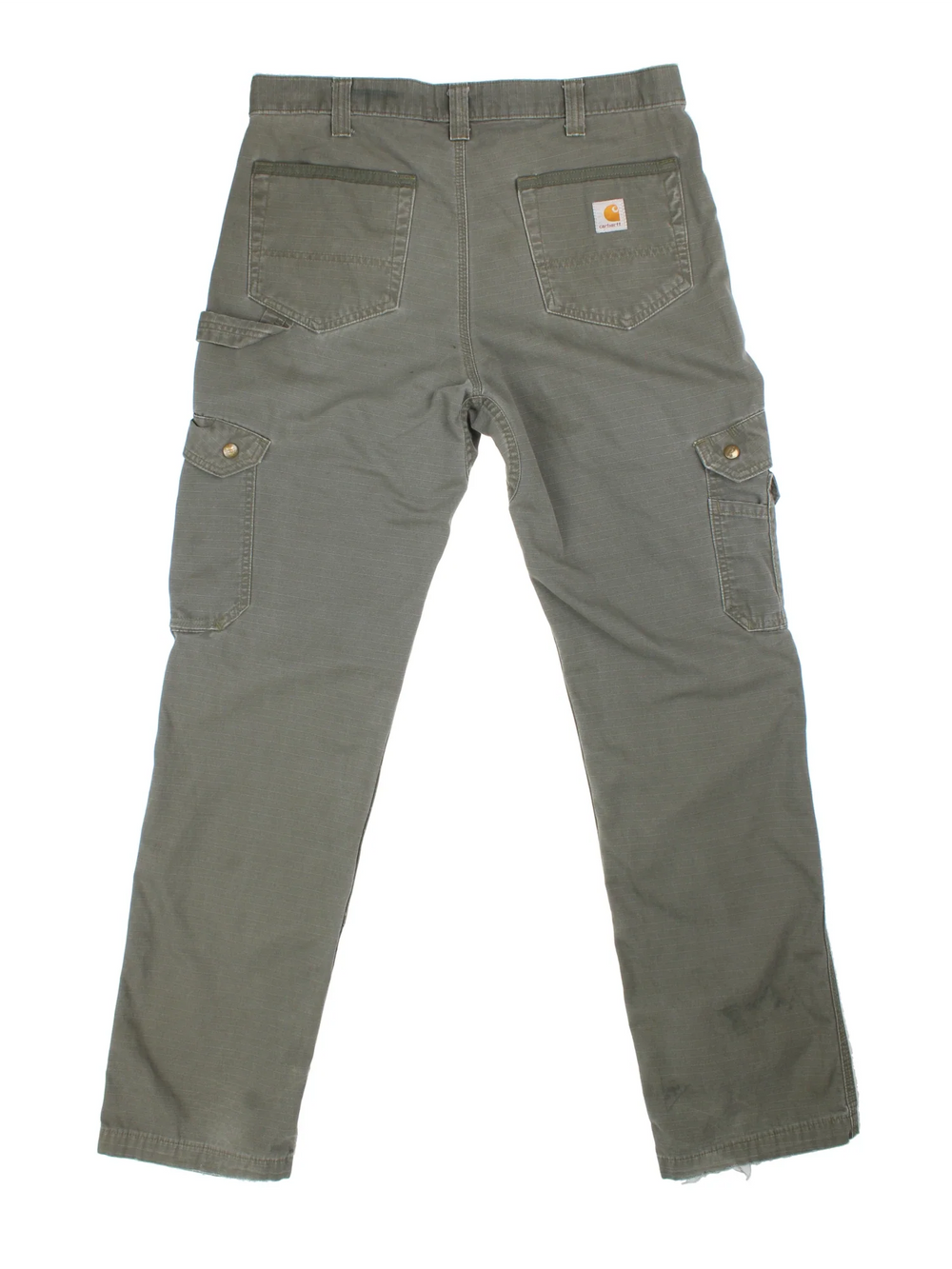 Carhartt Cargo Trousers in a green colourway with multiple pockets and the logo embroidered on the back.