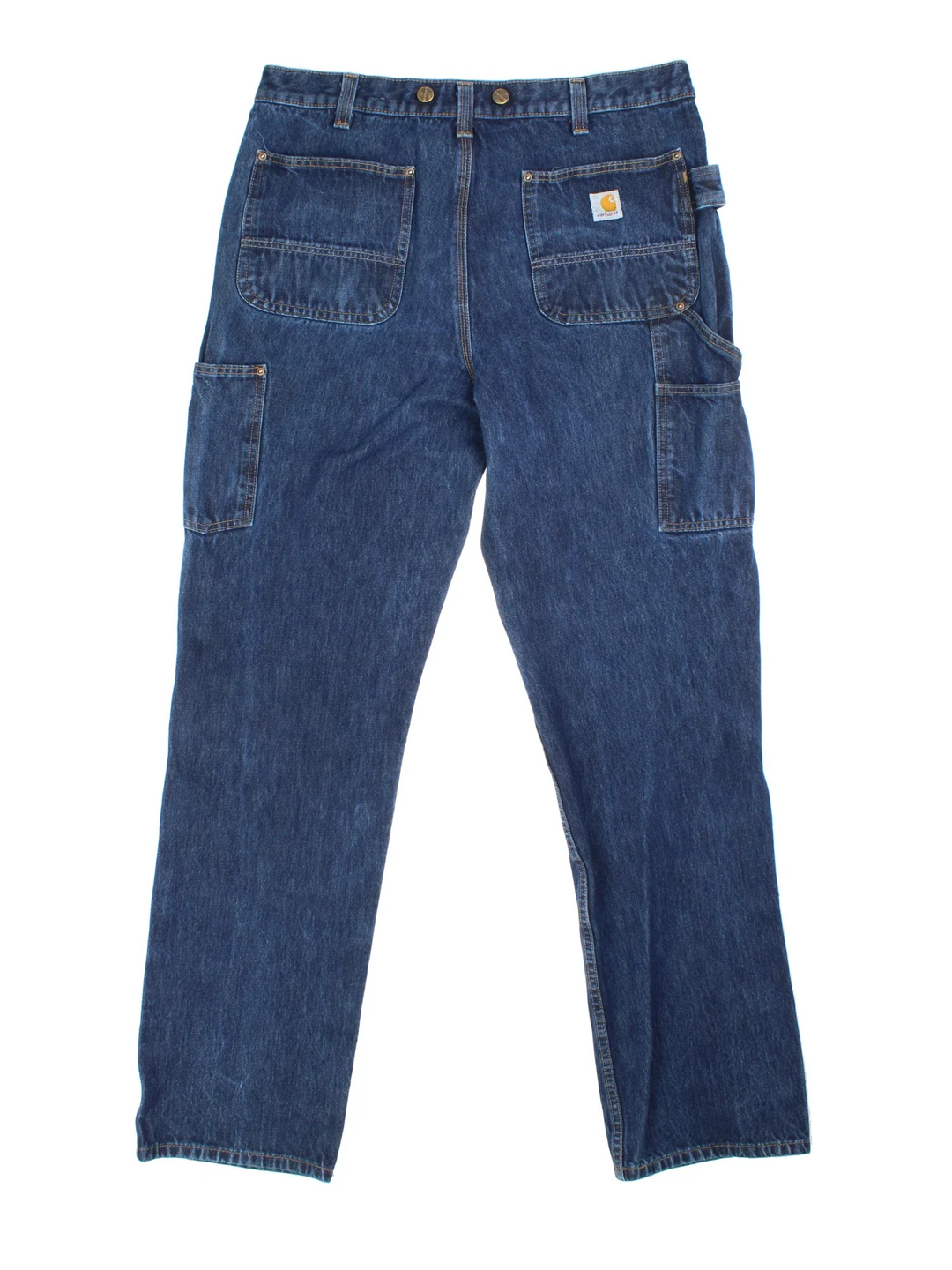 Carhartt Double Knee Jeans in a blue colourway with multiple pockets and the logo embroidered on the back.