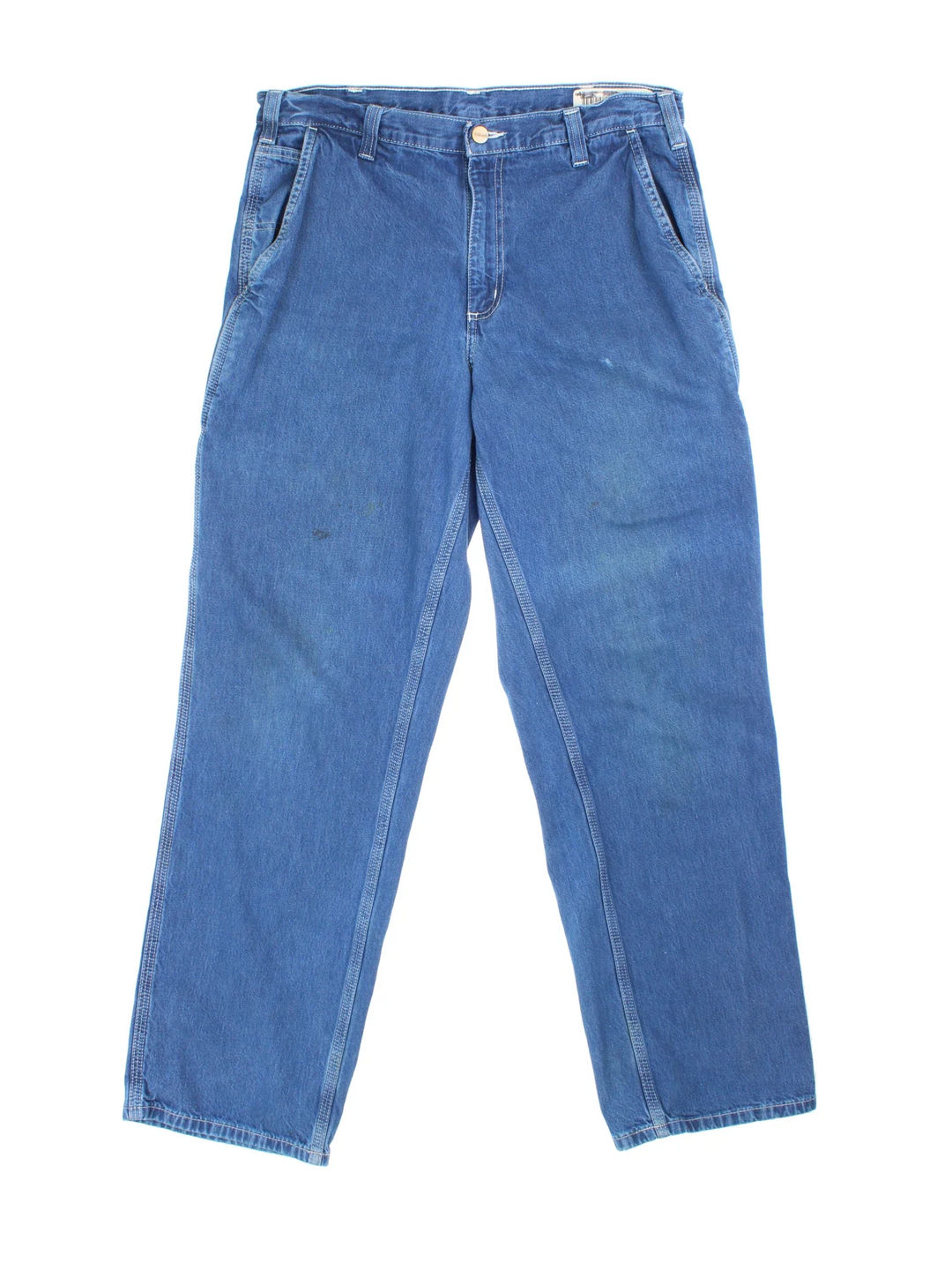 Carhartt Carpenter Jeans in a blue colourway with multiple pockets and the logo embroidered on the back.