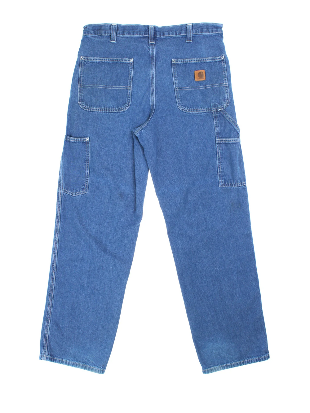 Carhartt Carpenter Jeans in a blue colourway with multiple pockets and the logo embroidered on the back.