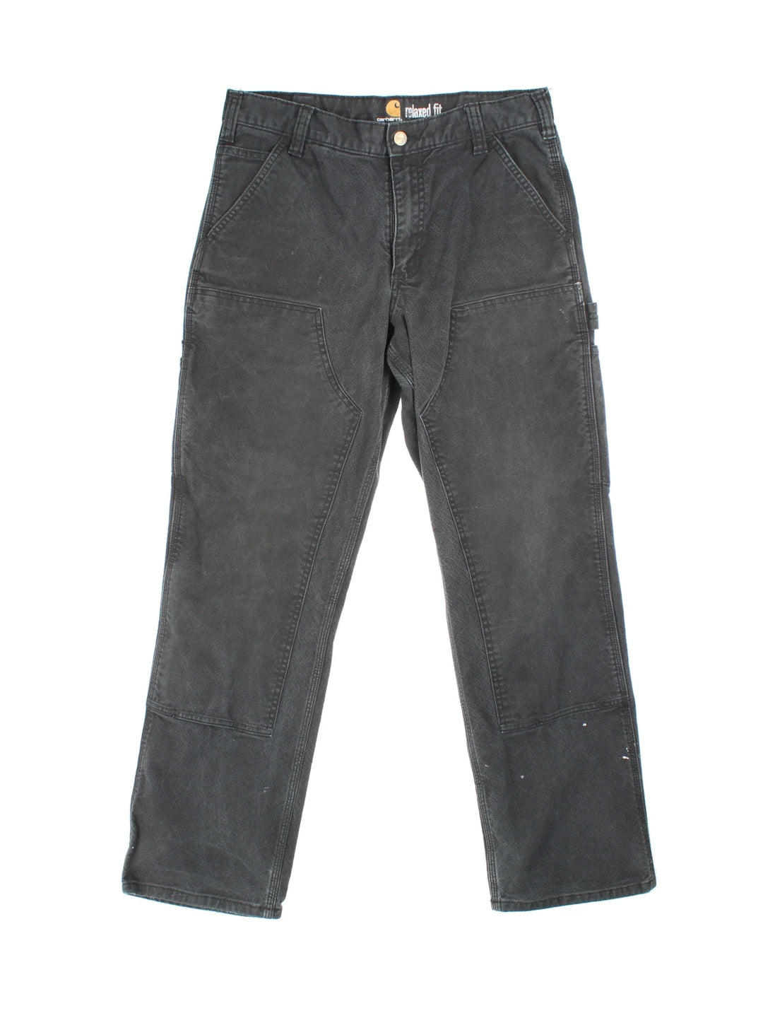 Carhartt Double Knee Jeans in a black colourway with multiple pockets and the logo embroidered on the back.