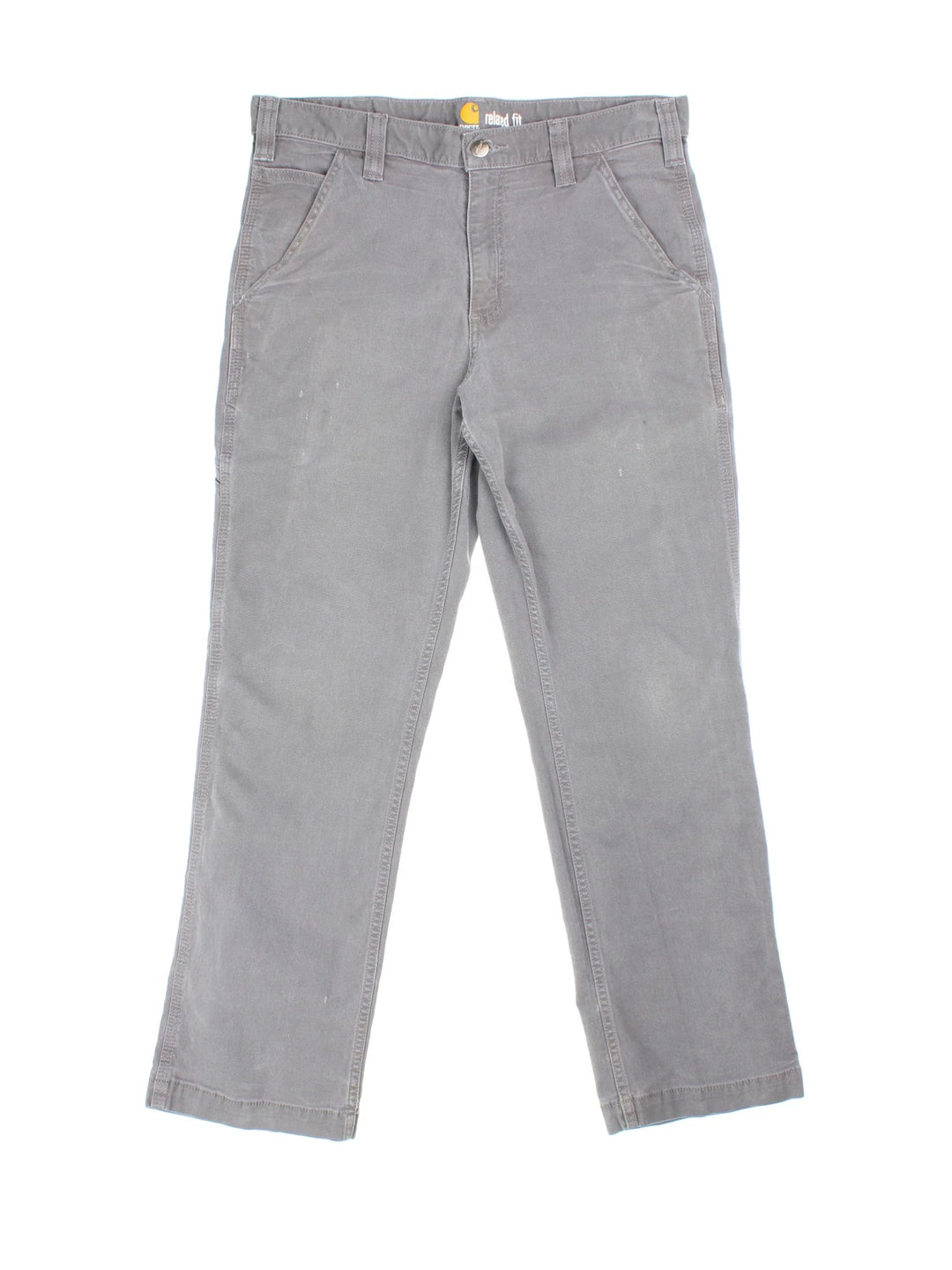 Carhartt Jeans in a grey colourway with multiple pockets and the logo embroidered on the back.