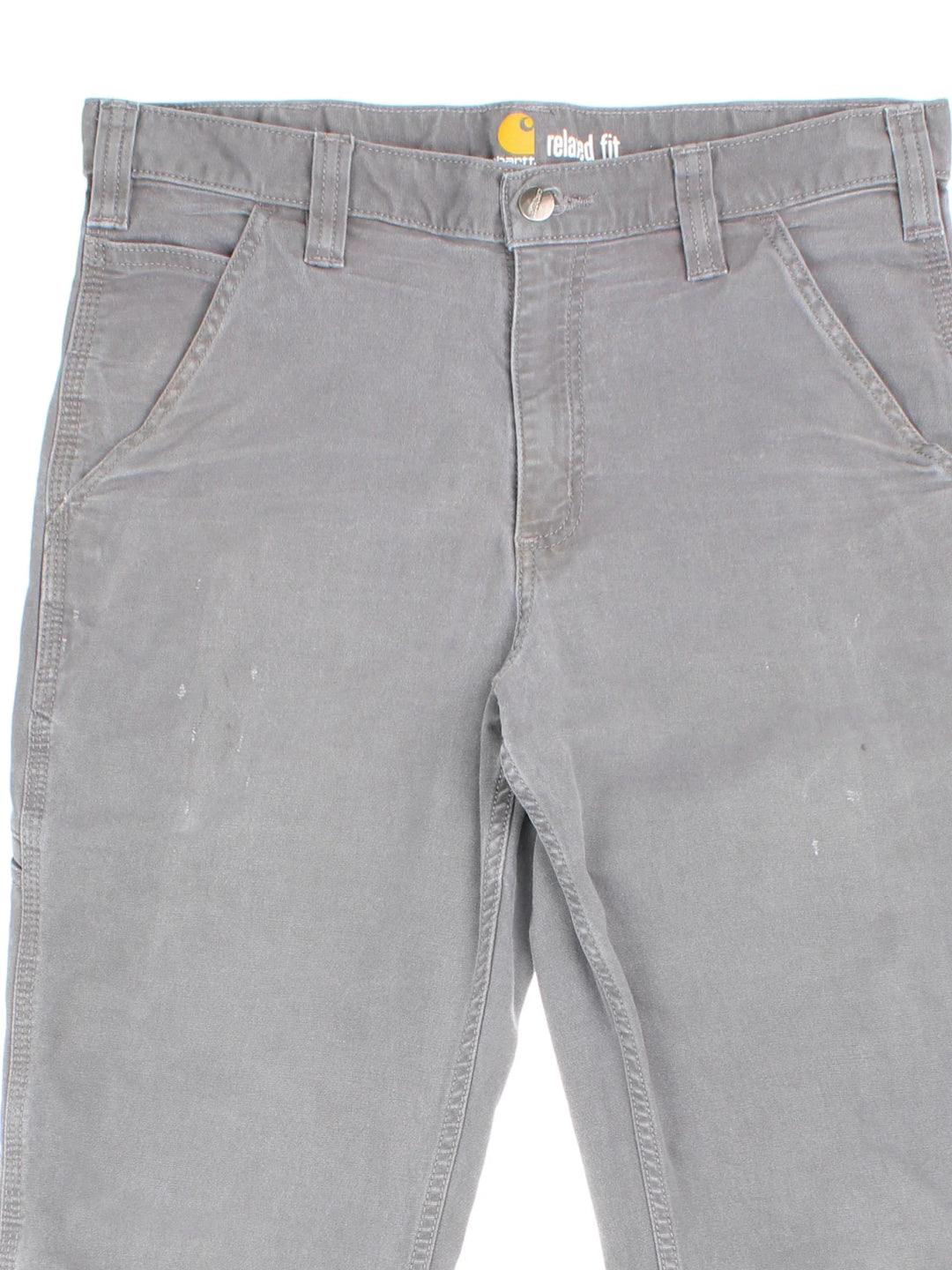 Carhartt Jeans in a grey colourway with multiple pockets and the logo embroidered on the back.