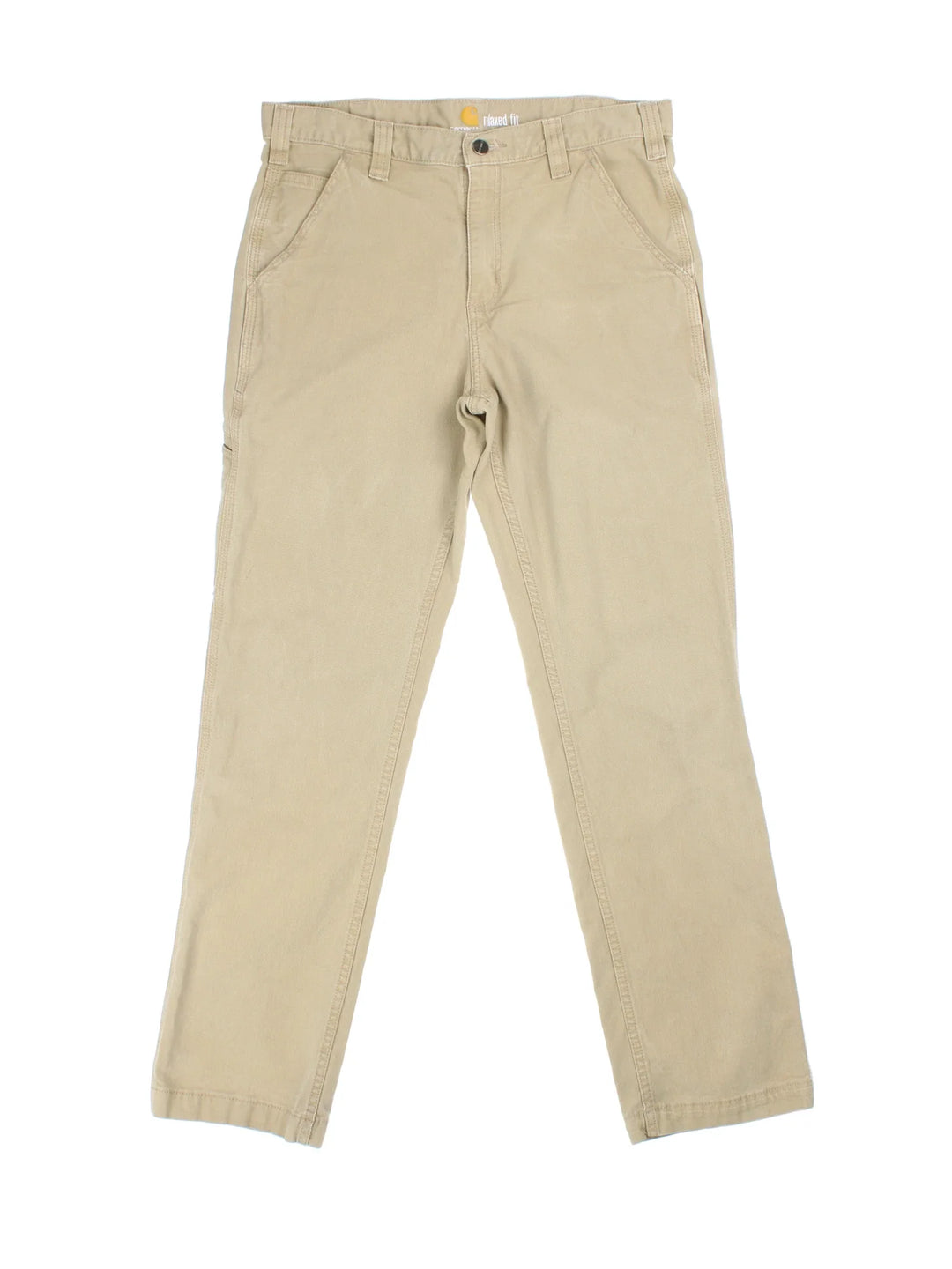 Carhartt Jeans in a tan colourway with multiple pockets and the logo embroidered on the back.