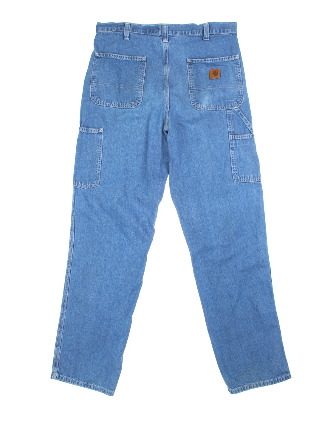 Carhartt Carpenter Jeans in a blue colourway with multiple pockets and the logo embroidered on the back.