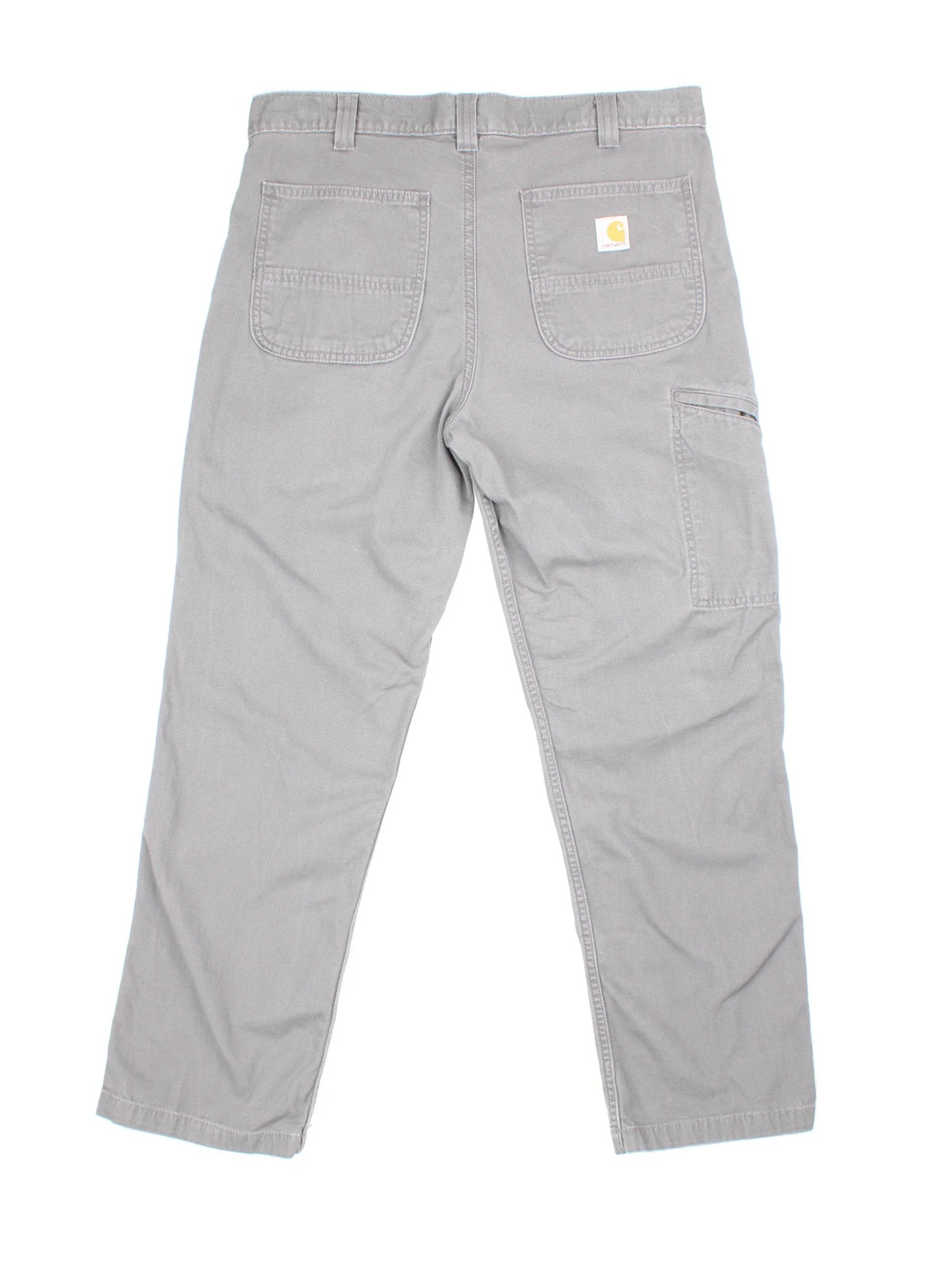 Carhartt Carpenter Trousers in a grey colourway with multiple pockets and the logo embroidered on the back.
