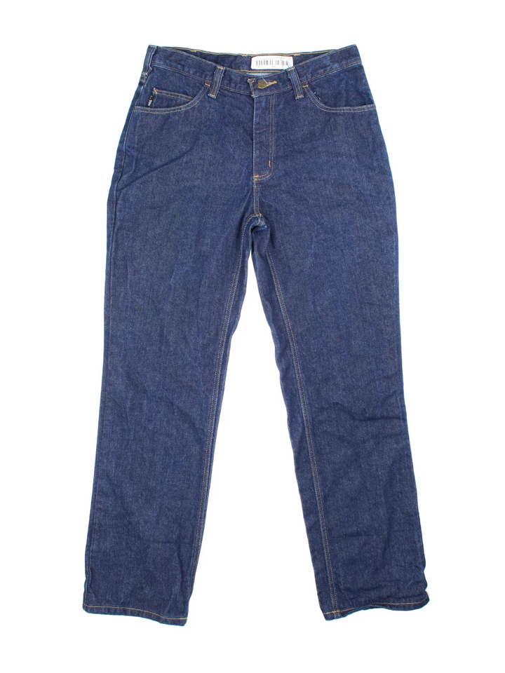 Carhartt Jeans in a blue colourway with multiple pockets and the logo embroidered on the back.