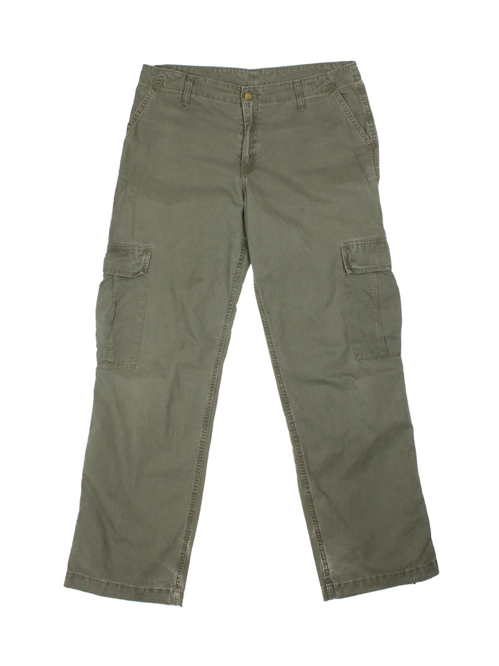 Carhartt Cargo Trousers in a green colourway with multiple pockets and the logo embroidered on the back.