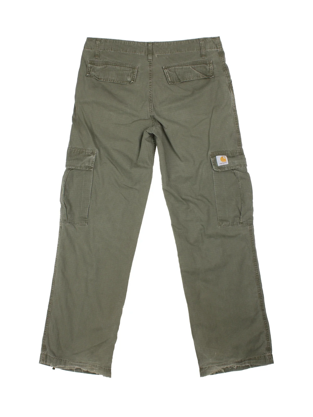 Carhartt Cargo Trousers in a green colourway with multiple pockets and the logo embroidered on the back.