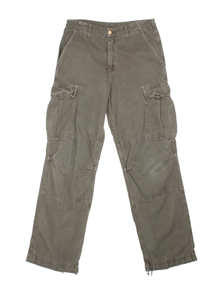 Carhartt Cargo Trousers in a green colourway with multiple pockets and the logo embroidered on the back.