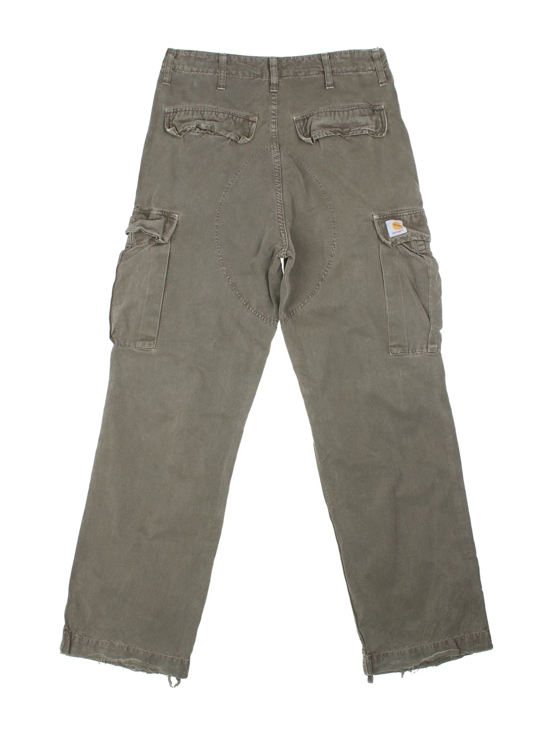 Carhartt Cargo Trousers in a green colourway with multiple pockets and the logo embroidered on the back.