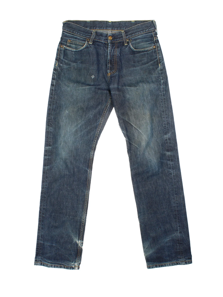 Carhartt Jeans in a blue colourway with multiple pockets and the logo embroidered on the back.