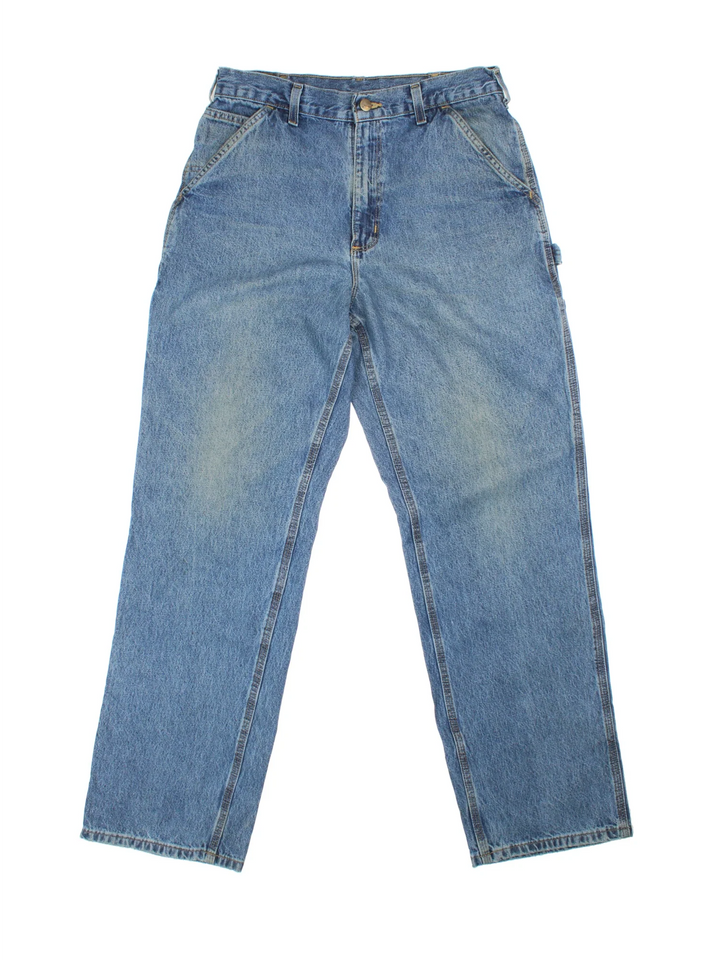 Carhartt Carpenter Jeans in a blue colourway with multiple pockets and the logo embroidered on the back.