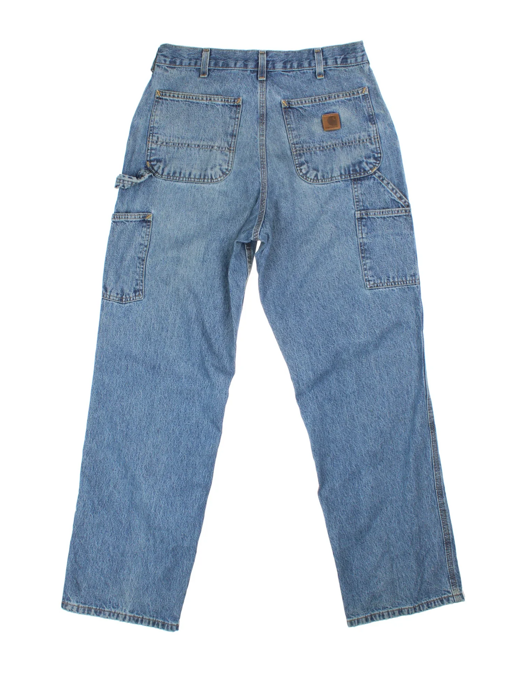 Carhartt Carpenter Jeans in a blue colourway with multiple pockets and the logo embroidered on the back.